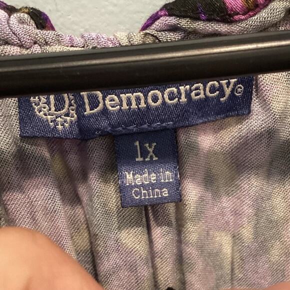 Democracy Womens Peasant Blouse Plus Size Top 1X Purple Floral Career Office - Picture 2 of 9